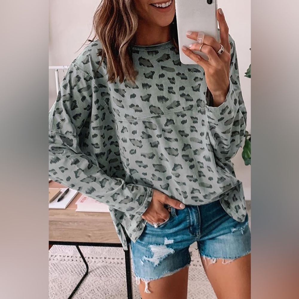 Relaxed Olive Green Leopard Print Long Sleeve Top